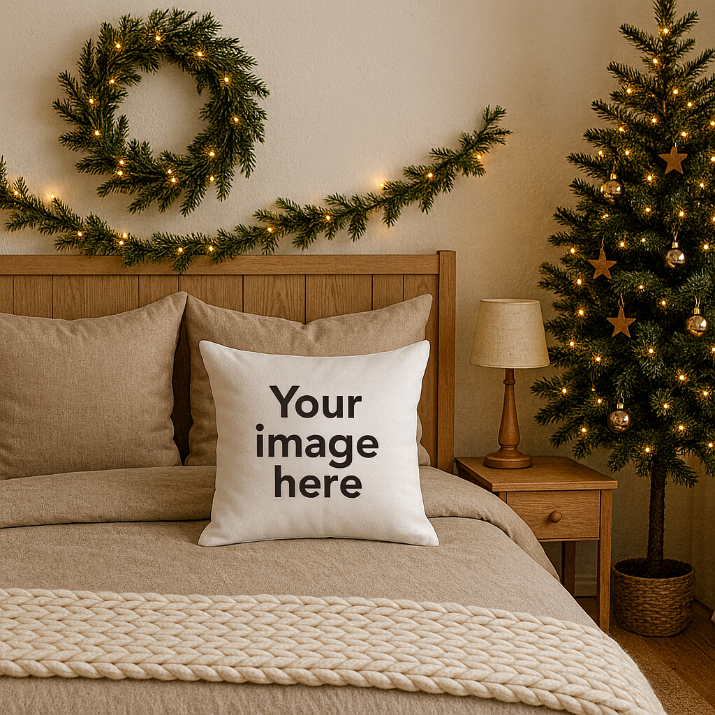 Cozy Christmas Bedroom Pillow Mockup | Holiday Scene Downloadable Image PNG