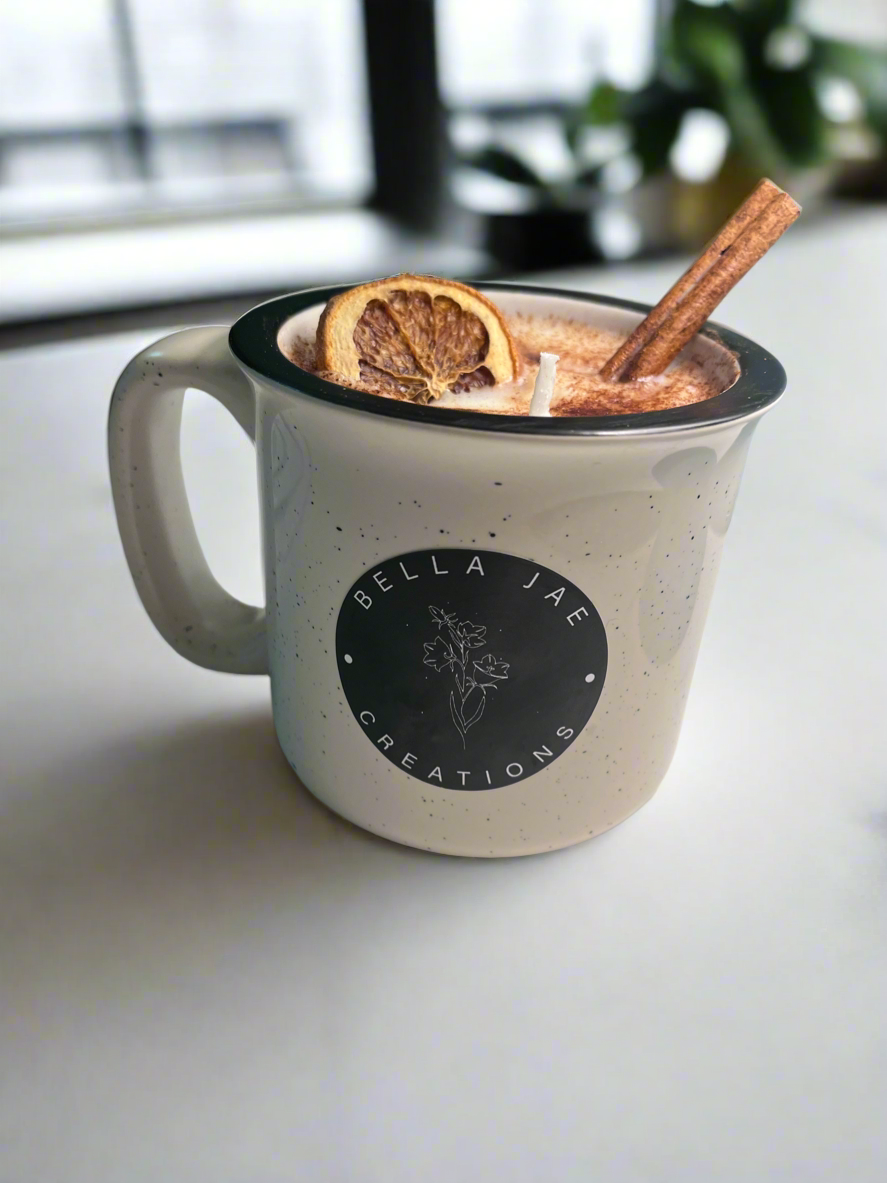 Chai Tea Latte Scented 13oz Ceramic Soy Beige Speckle Camper Mug Candle
