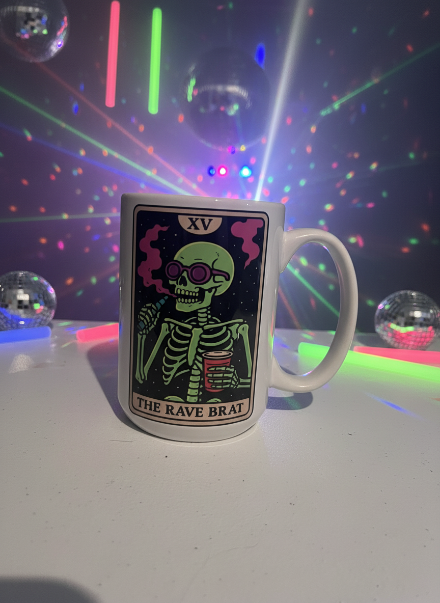 The Rave Brat Mug Tarot Card – Glow Hard, Sip Harder