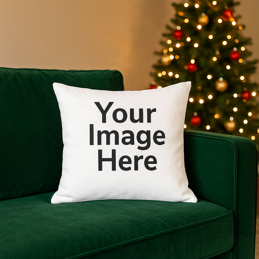 Christmas Pillow Mockup – Green Velvet Sofa Scene Digital Image 🎄Download PNG