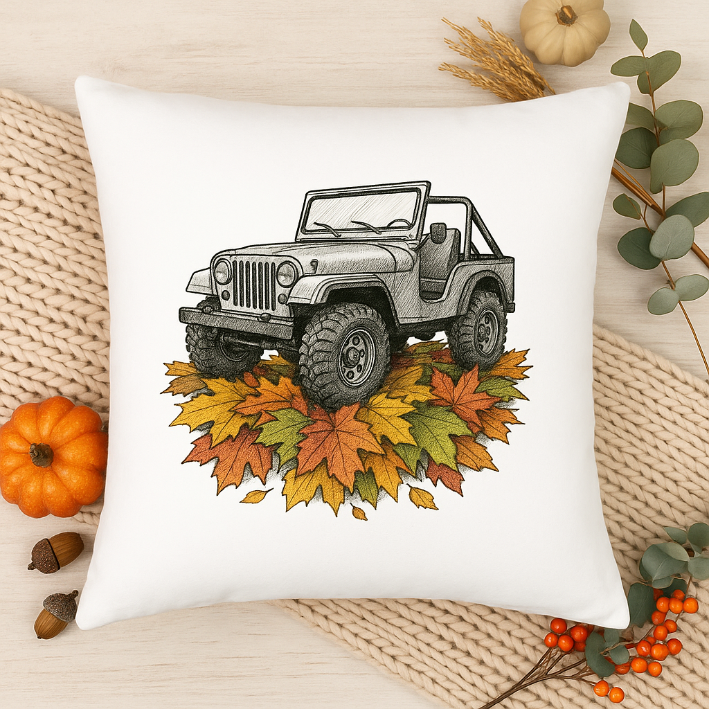 ๐ป๐ Jeep on Autumn Leaves โ Black & White Ink Art Printable PNG ๐