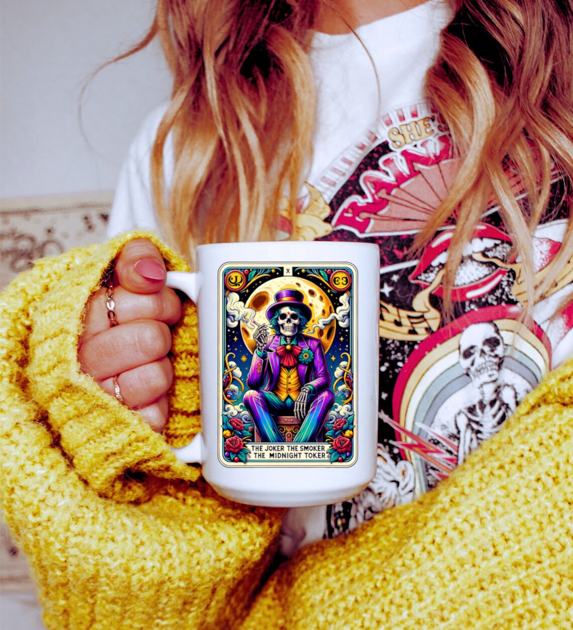 The Joker Smoker Midnight Toker Skeleton Tarot Reading Cards Coffee Mug