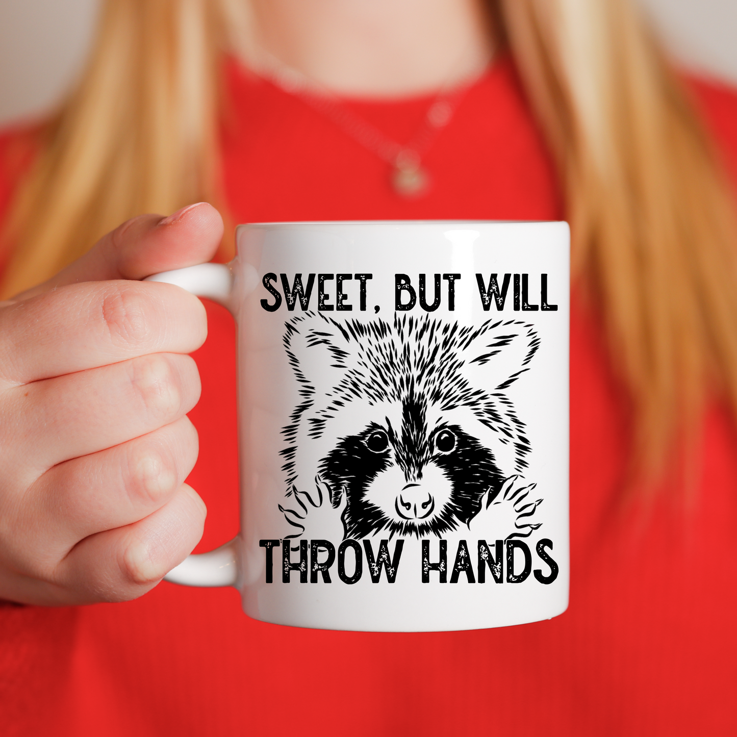Sweet But I Will Throw Hands Raccoon Coffee Mug