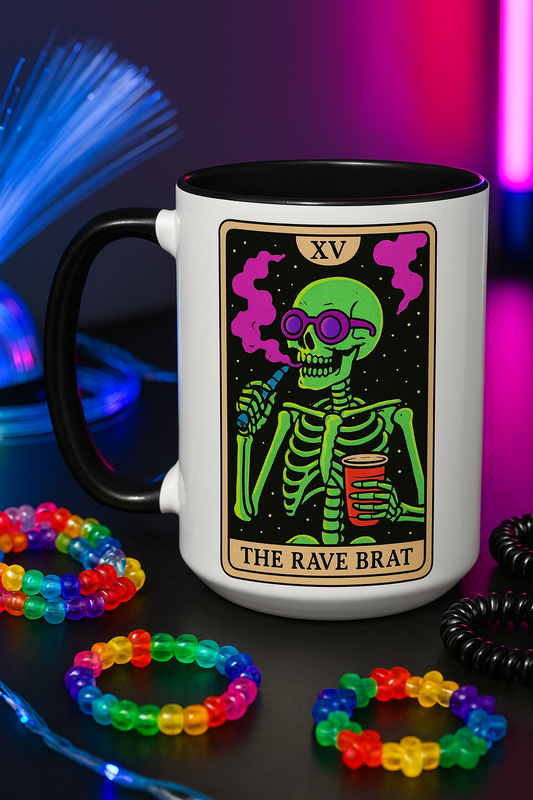 The Rave Brat Mug Tarot Card  – Glow Hard, Sip Harder