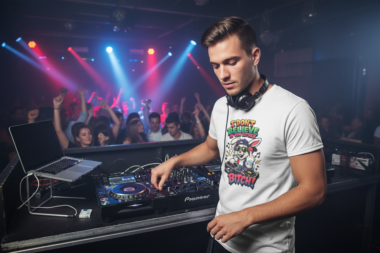 DJ Bunny Graphic T‑Shirt — "I Don’t Believe In You Either, Bitch" Funny Retro Tee