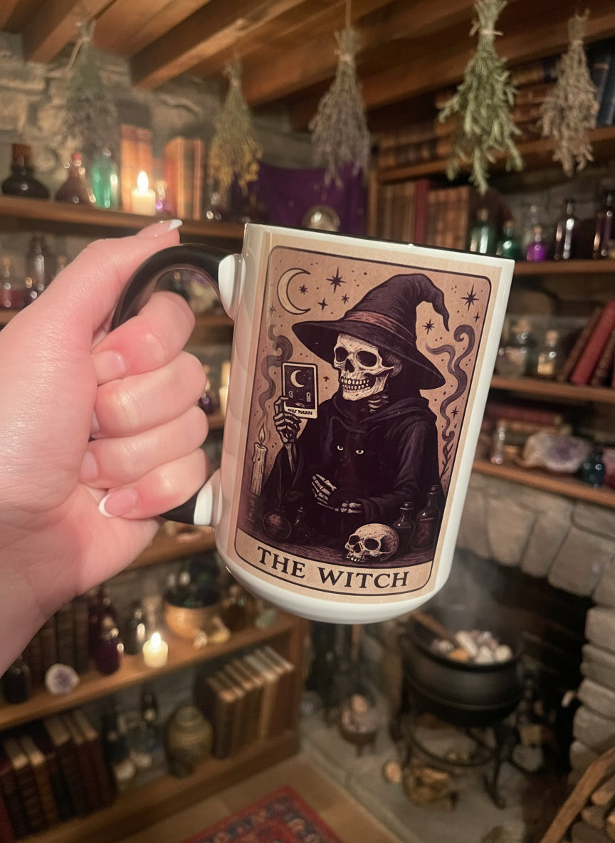 🕯️ The Witch – Skeleton Witch Coffee Mug 🕯️Tarot Reading Cards
