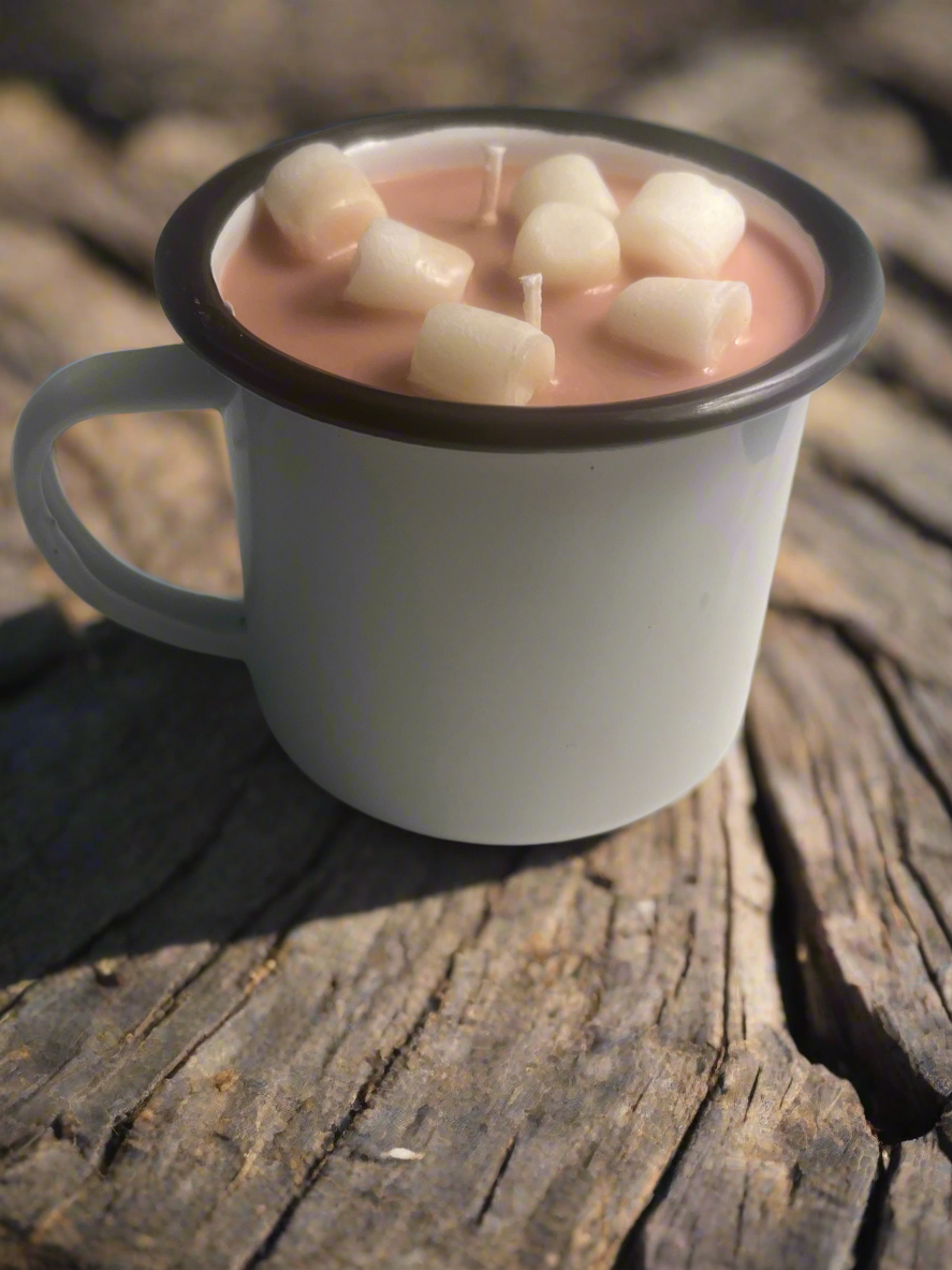 Marshmallow Hot Cocoa Chocolate Scented 10oz Soy Enamel Camper Mug Candle