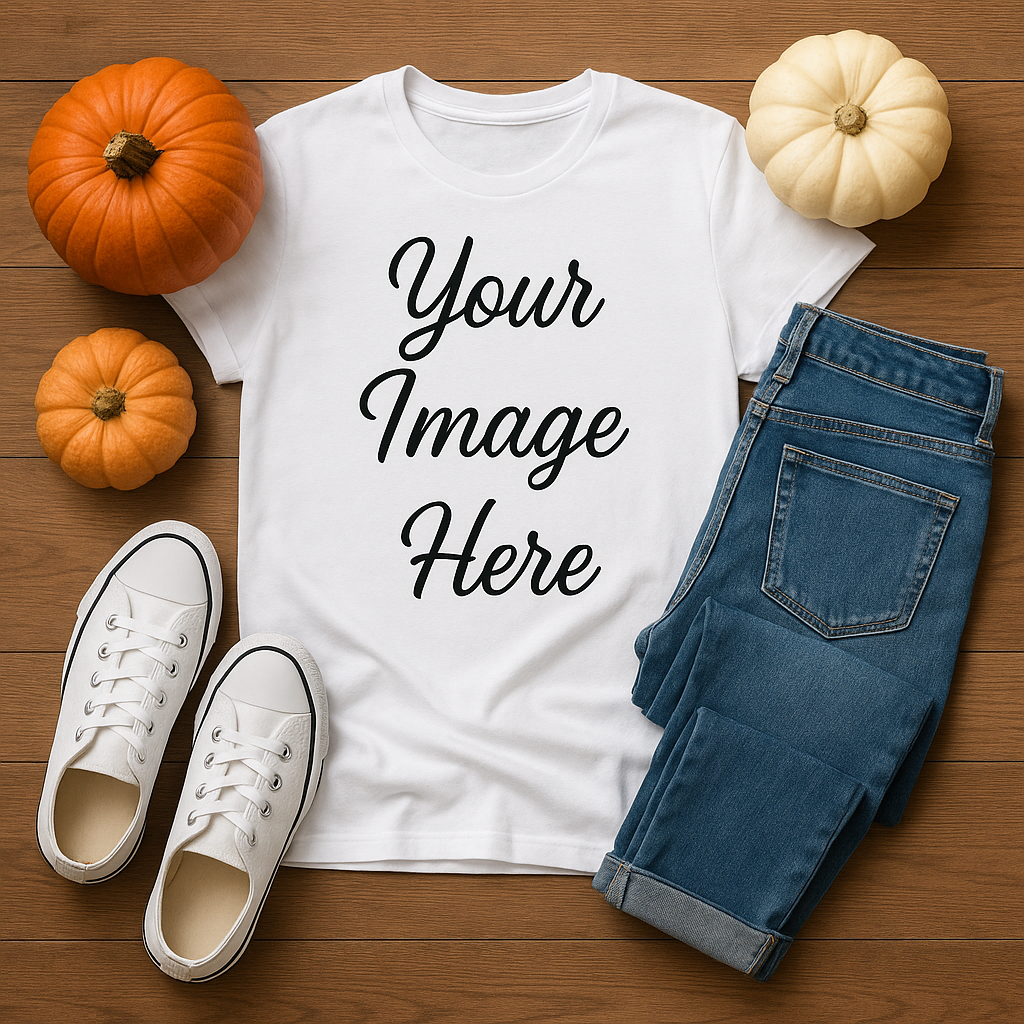 🍂 White T-Shirt Mockup with Pumpkins – Fall Flat Lay Scene PNG Instant Digital Download