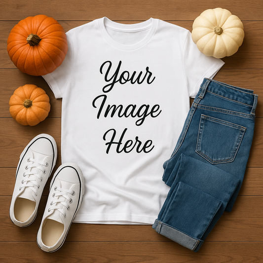 🍂 White T-Shirt Mockup with Pumpkins – Fall Flat Lay Scene PNG Instant Digital Download