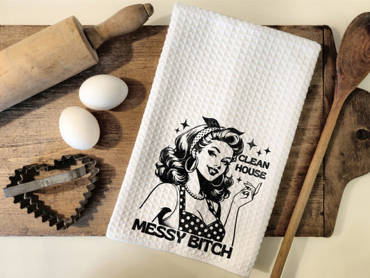 Clean House Messy Bitch Retro Waffle Towel