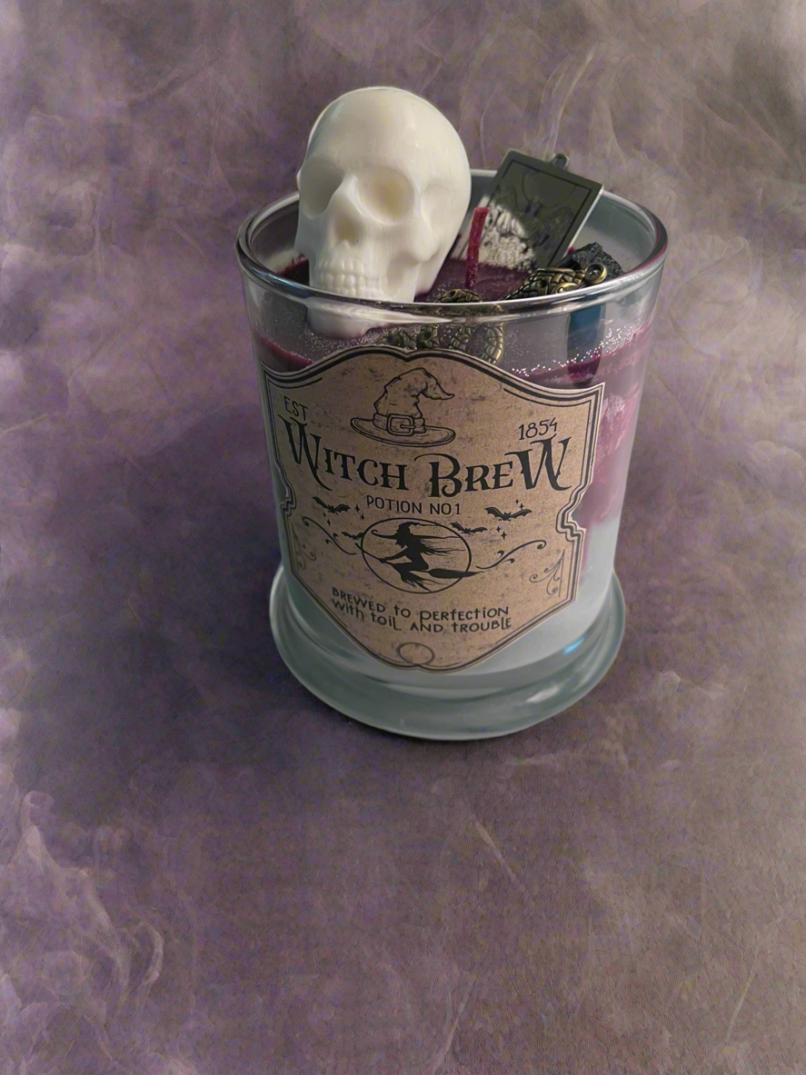 Witches Brew Skeleton Skull Charm Crystal Scented 12 oz Soy Candle