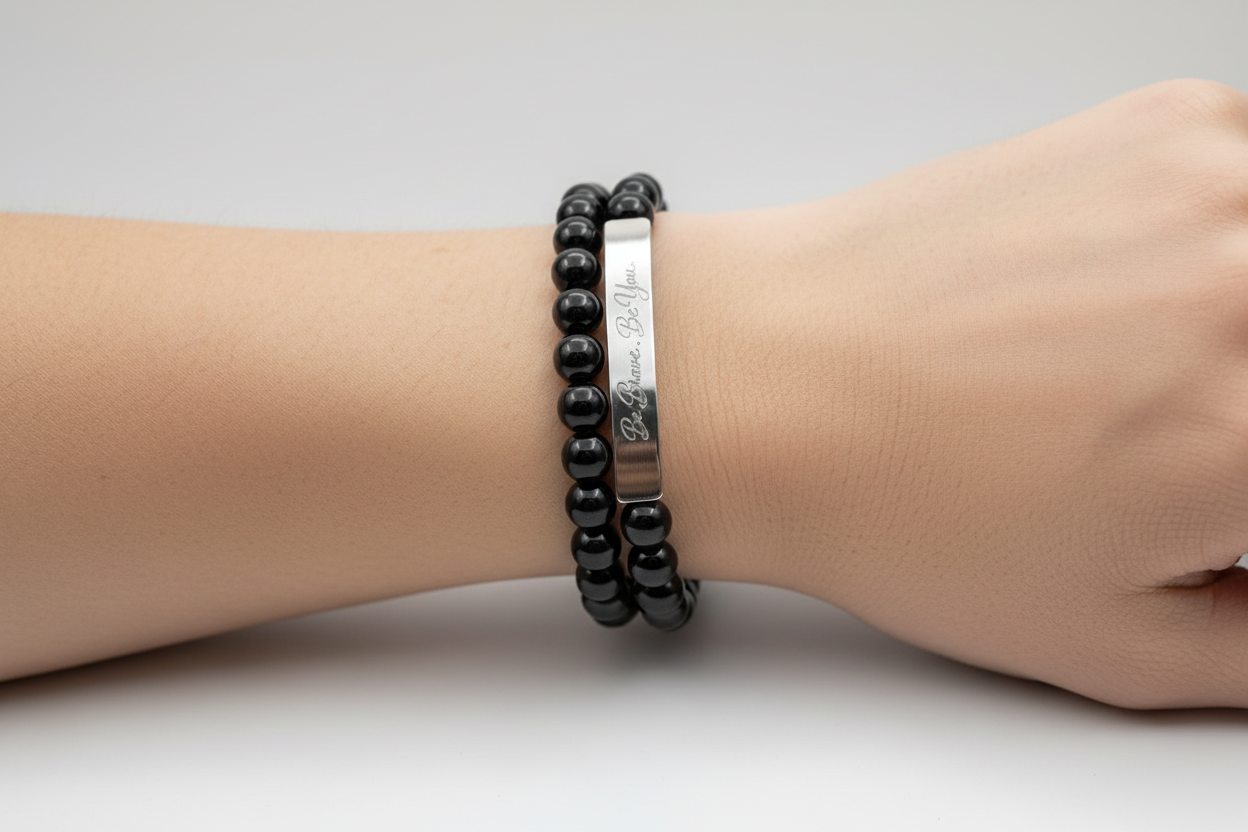 Be Brave. Be You. Natural Stone Stretch Bar Bracelet — Inspirational Engraved Jewelry
