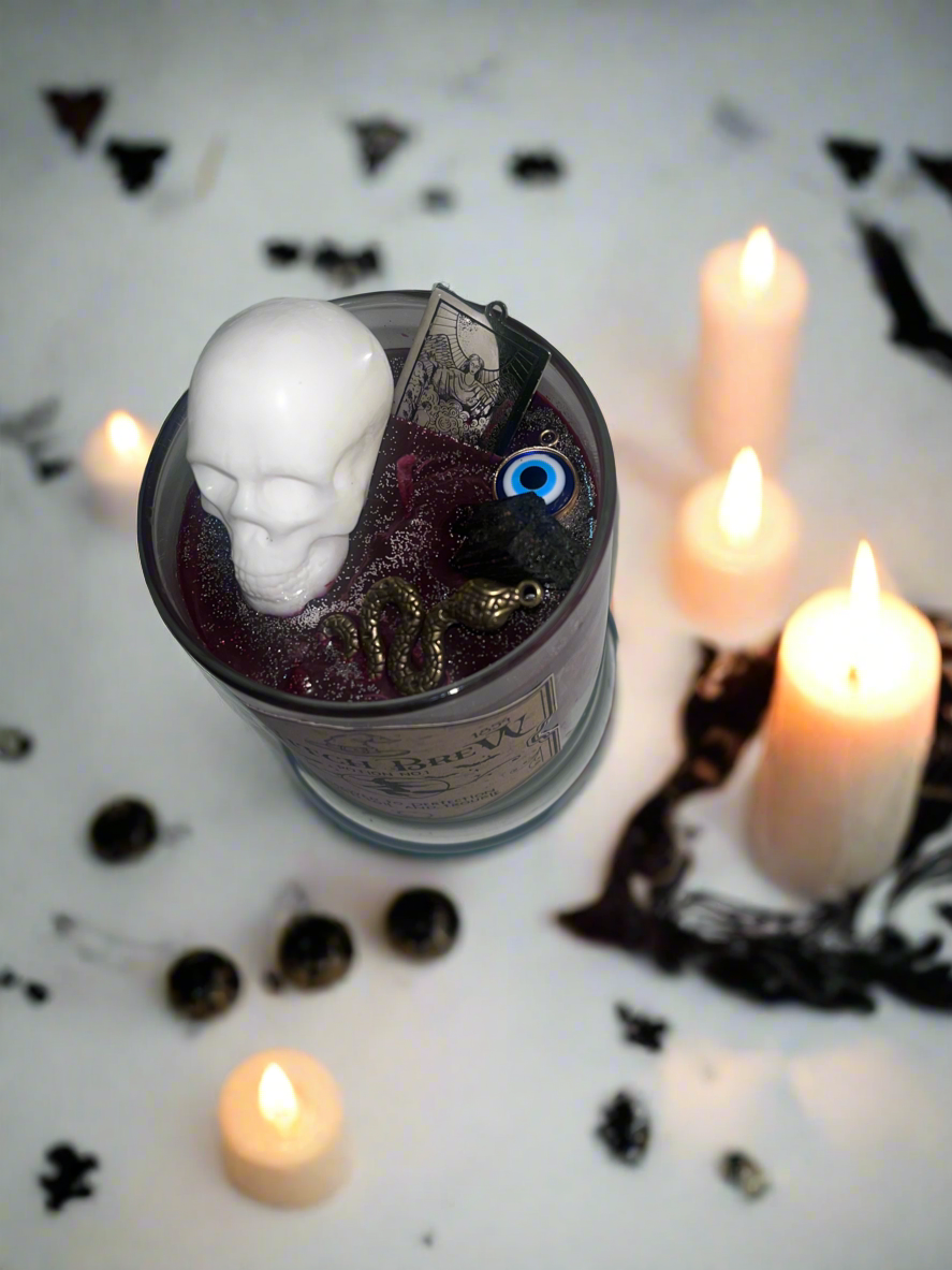 Witches Brew Skeleton Skull Charm Crystal Scented 12 oz Soy Candle