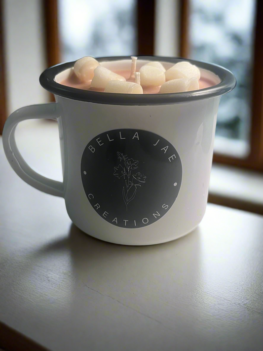 Marshmallow Hot Cocoa Chocolate Scented 10oz Soy Enamel Camper Mug Candle