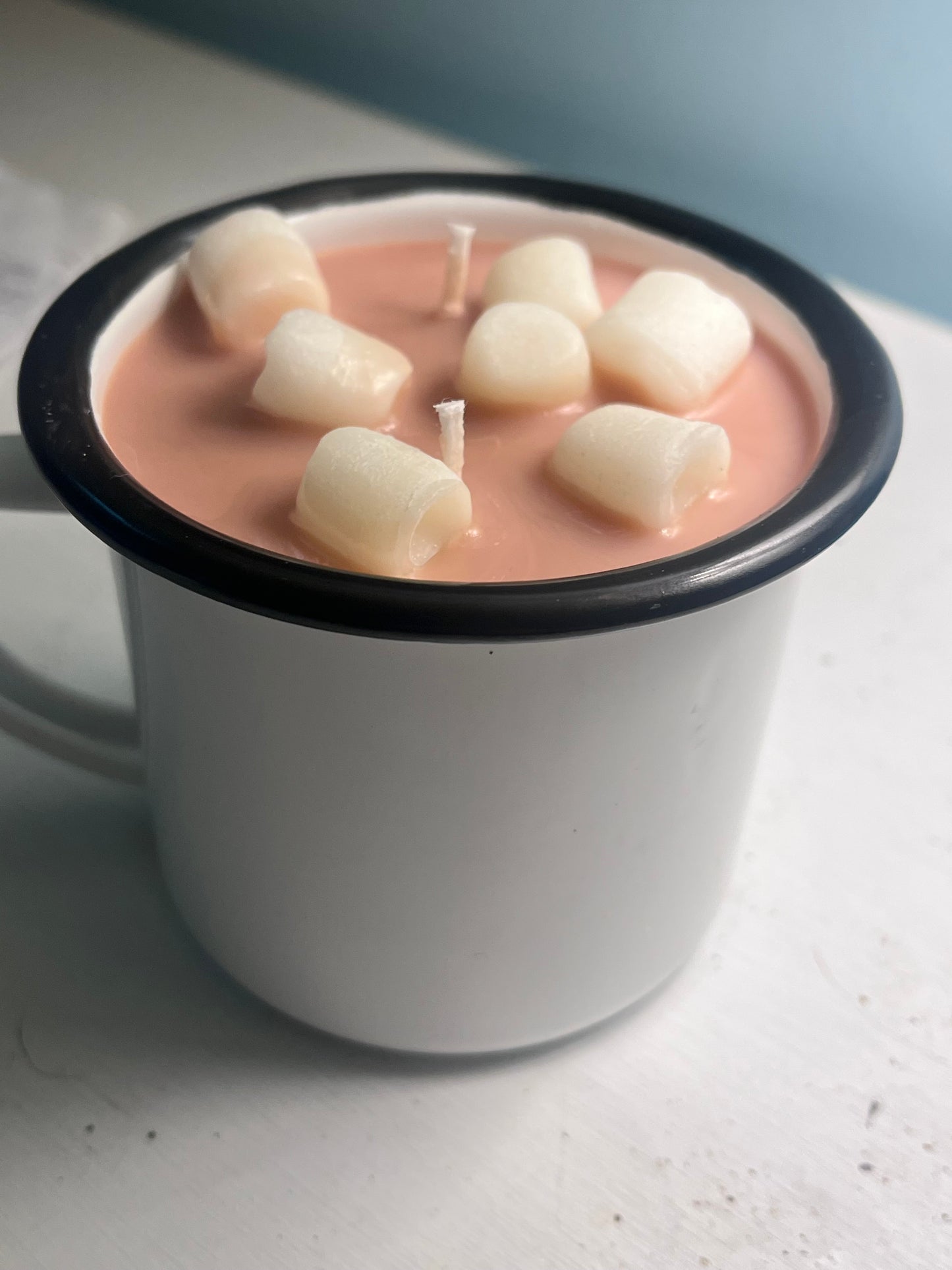 Marshmallow Hot Cocoa Chocolate Scented 10oz Soy Enamel Camper Mug Candle