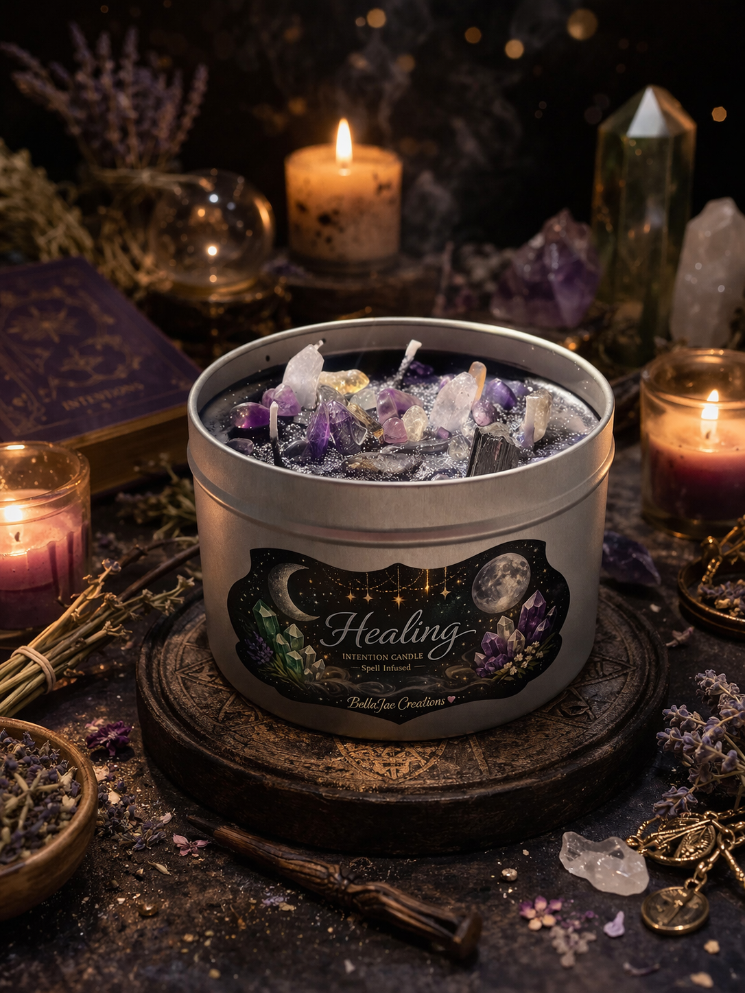 Healing Intention Spell Infused Crystal Scented 12oz Soy Candle