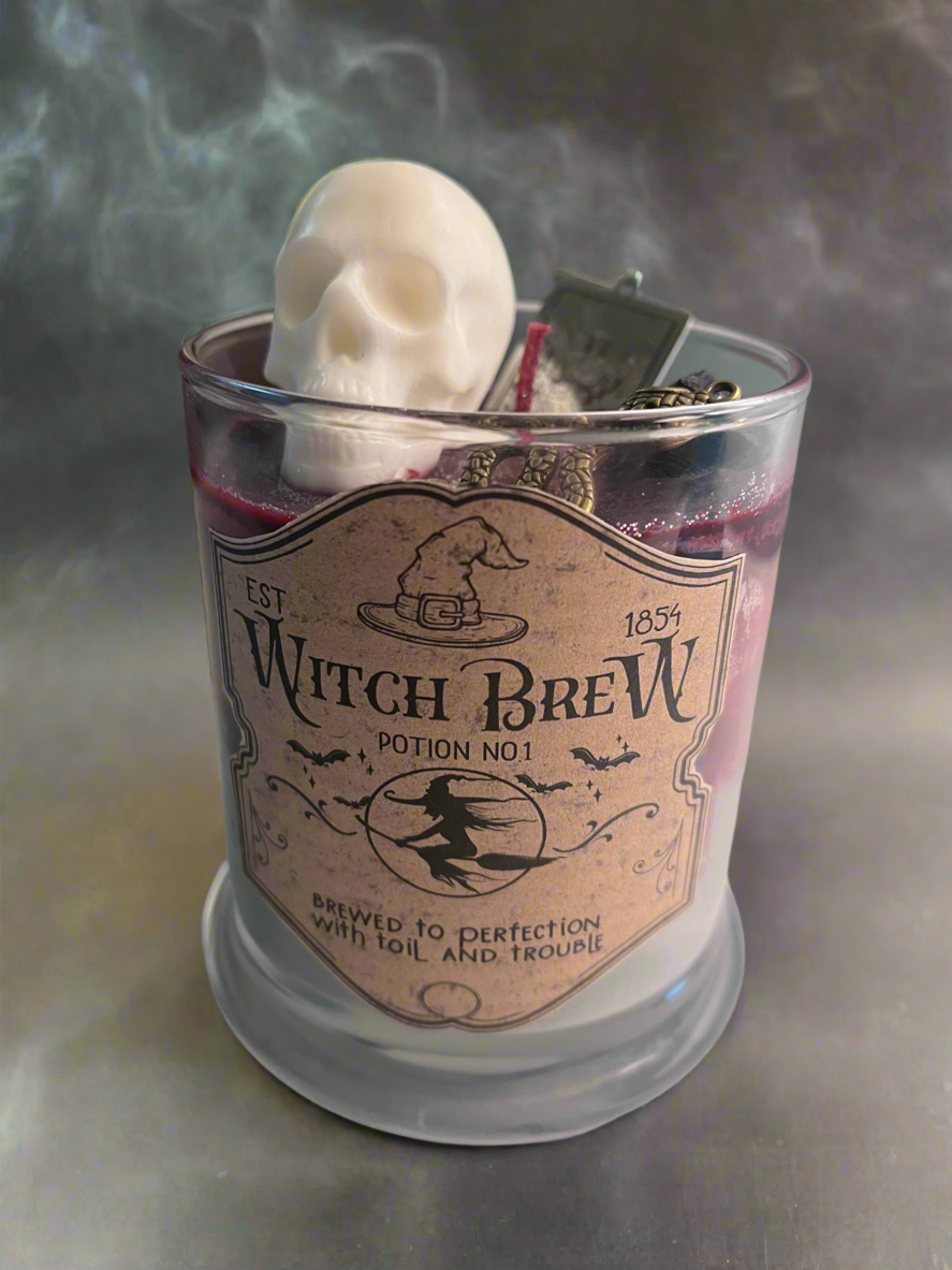 Witches Brew Skeleton Skull Charm Crystal Scented 12 oz Soy Candle