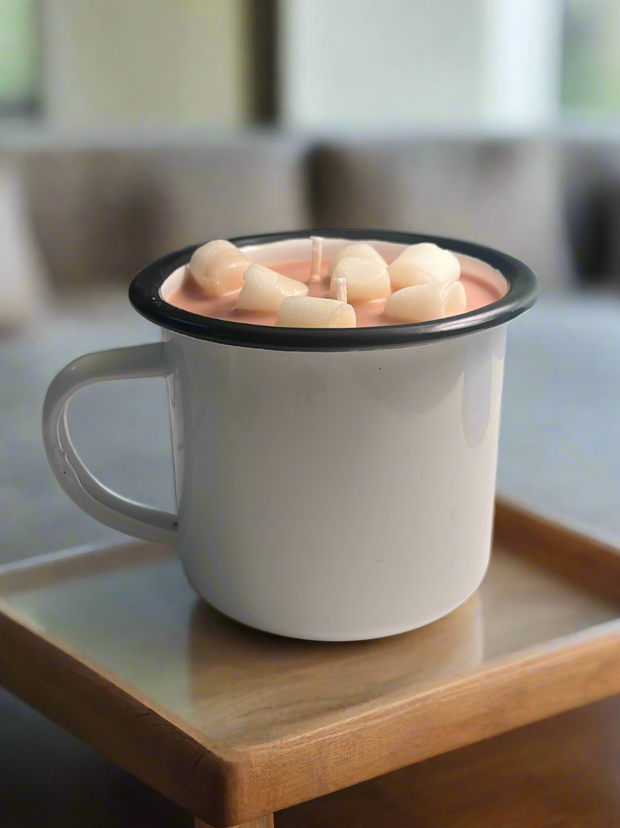 Marshmallow Hot Cocoa Chocolate Scented 10oz Soy Enamel Camper Mug Candle