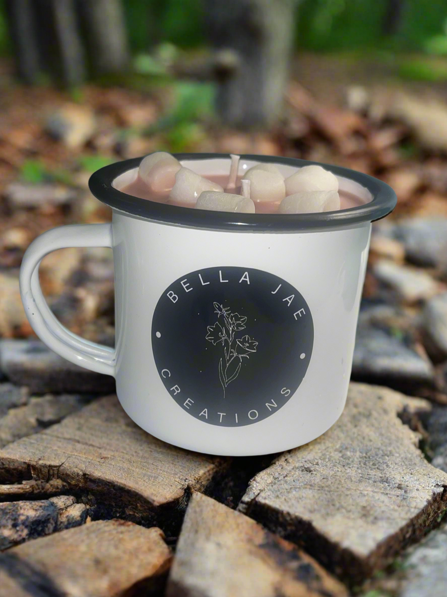 Marshmallow Hot Cocoa Chocolate Scented 10oz Soy Enamel Camper Mug Candle
