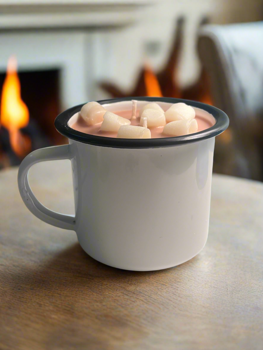 Marshmallow Hot Cocoa Chocolate Scented 10oz Soy Enamel Camper Mug Candle