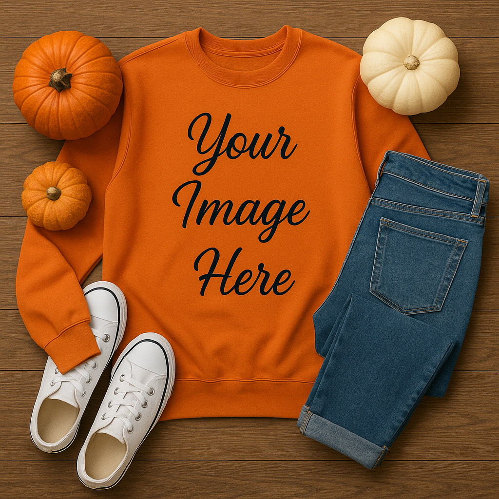 🍂 Orange Sweatshirt Mockup – Fall Flat Lay Scene PNG Instant Digital Download