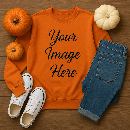 🍂 Orange Sweatshirt Mockup – Fall Flat Lay Scene PNG Instant Digital Download