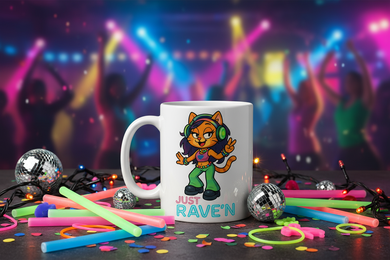 Just Rave’n Cat Girl Mug – Neon Rave Coffee Cup for EDM Lovers | 11oz & 15oz Option