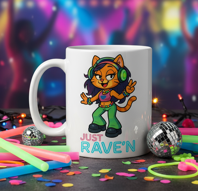 Just Rave’n Cat Girl Mug – Neon Rave Coffee Cup for EDM Lovers | 11oz & 15oz Option