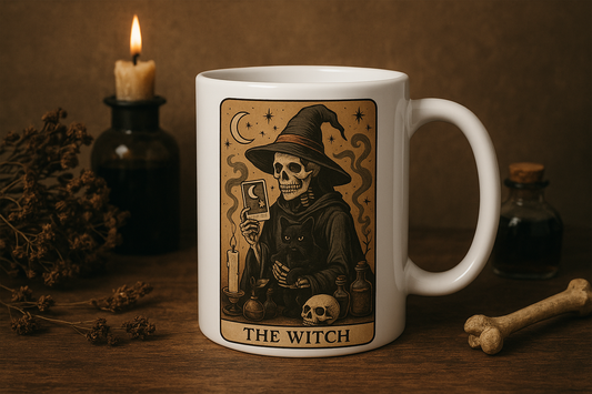 🕯️ The Witch – Skeleton Witch Coffee Mug 🕯️Tarot Reading Cards