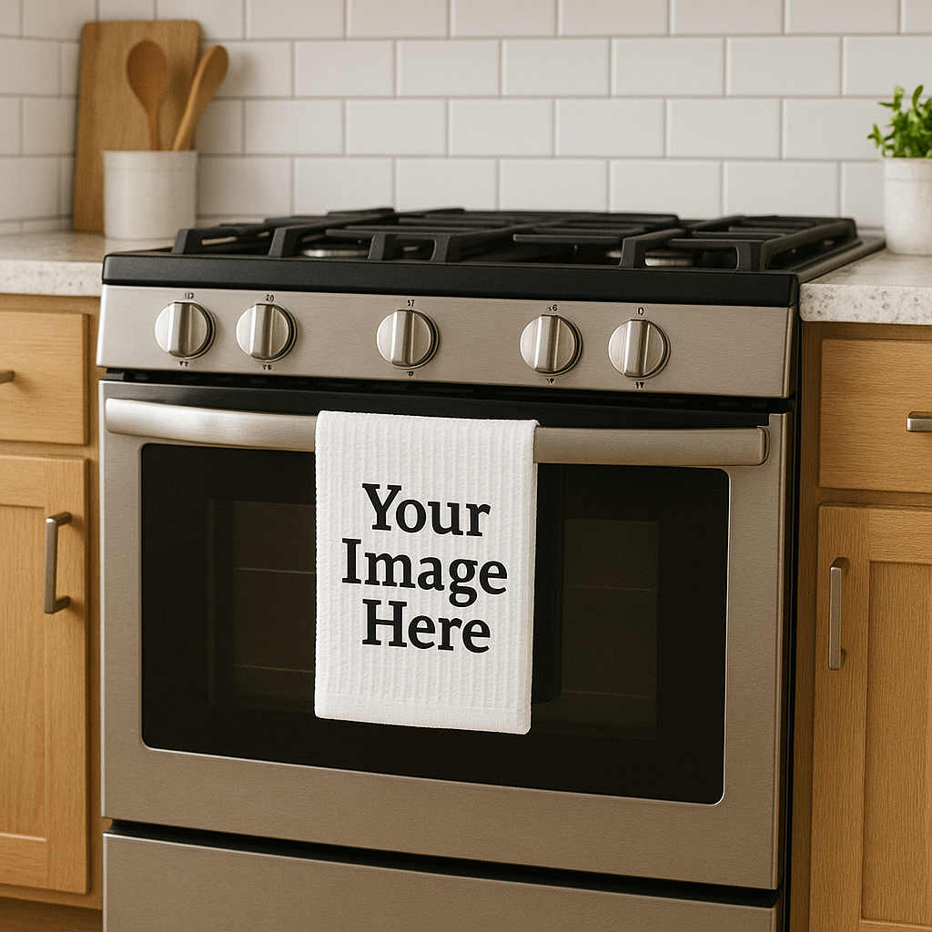 Kitchen Towel Mockup – White Waffle Towel Hanging on Stove | Downloadable PNG