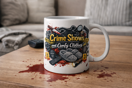 Murder Shows & Comfy Clothes Mug – The Perfect Cozy Crime Binge Companion 🔪📺✨