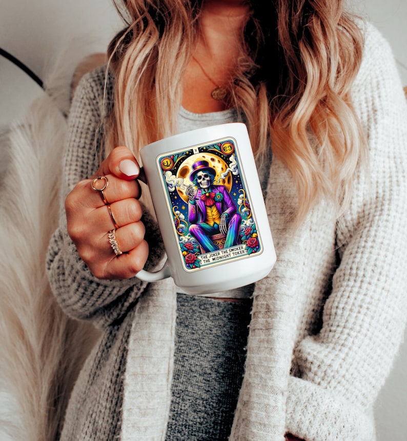 The Joker Smoker Midnight Toker Skeleton Tarot Reading Cards Coffee Mug